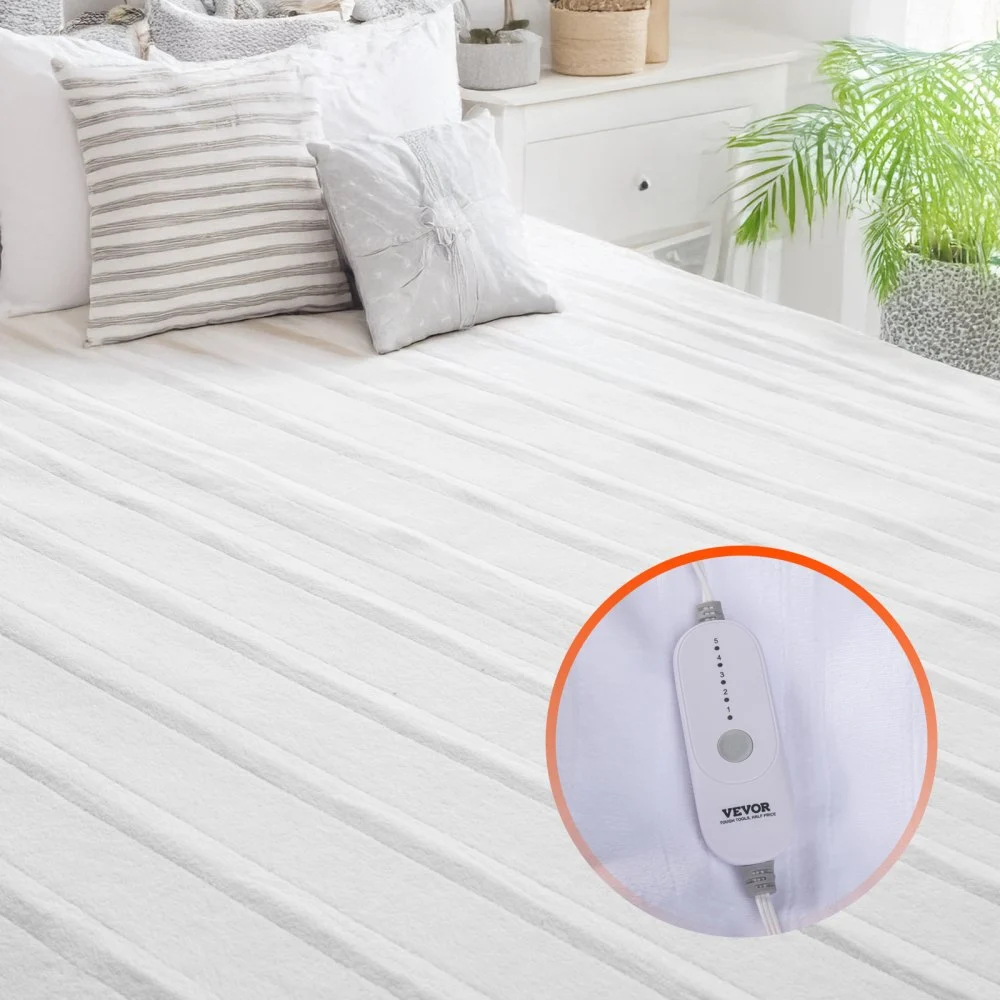VEVOR Heated Mattress Pad, 54 x 75 in, Full Size Electric Bed Warmer with 1-5 Heat Settings Control, 10-Hour Auto Shut Off, Machine-Wash Breathable Coral Fleece Heating Electric Mattress Sheets, White
