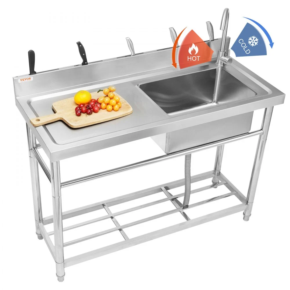 VEVOR Stainless Steel Utility Sink, Free Standing Single Bowl Commercial Kitchen Sink Set w/Workbench, 39.4 x 19.1 x 37.4 in Commercial Single Bowl Sinks for Garage, Restaurant, Laundry