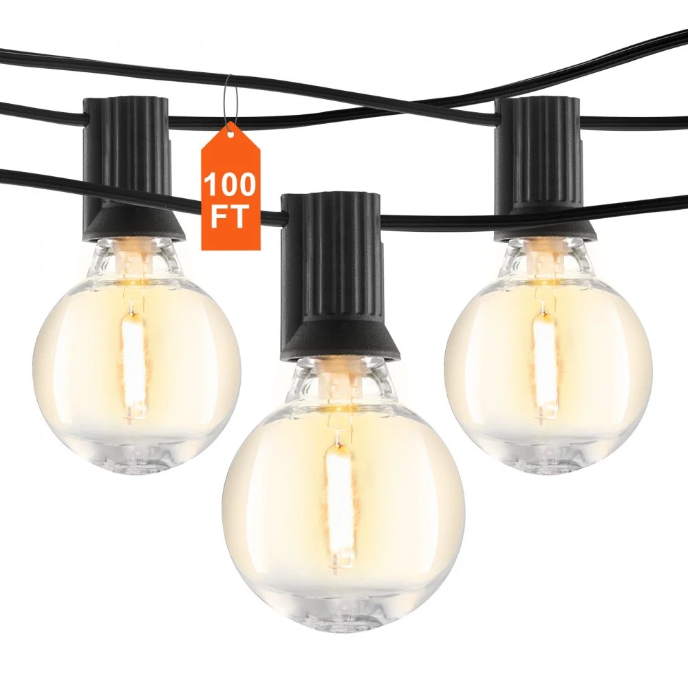 VEVOR LED Outdoor String Lights, 100FT, 2700K Dimmable Outside Patio Lights with 50 G40 Shatterproof Bulbs E12 Socket Base, Waterproof Hanging Lights for Porch Backyard Garden Balcony Party Decor
