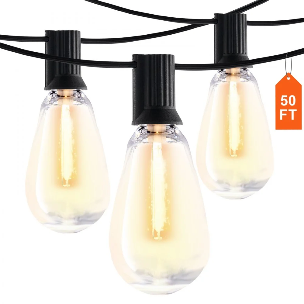 VEVOR LED Outdoor String Lights, 50FT, 2700K Dimmable Outside Patio Lights with 15 S14 Shatterproof Bulbs E12 Socket Base, Waterproof Hanging Lights for Porch Backyard Garden Balcony Deck Party Decor