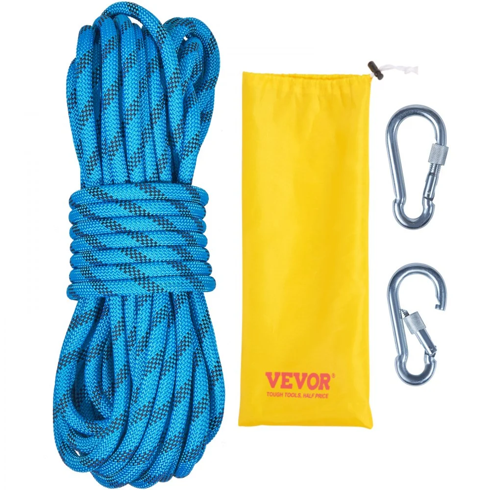 VEVOR 10.5 mm Static Climbing Rope, 29.3M(96ft) Outdoor Rock Climbing Rope 25KN Breaking Tension, Fiber Rope with Steel Snap Hooks for Escape, Rappelling, Fire Rescue, Blue