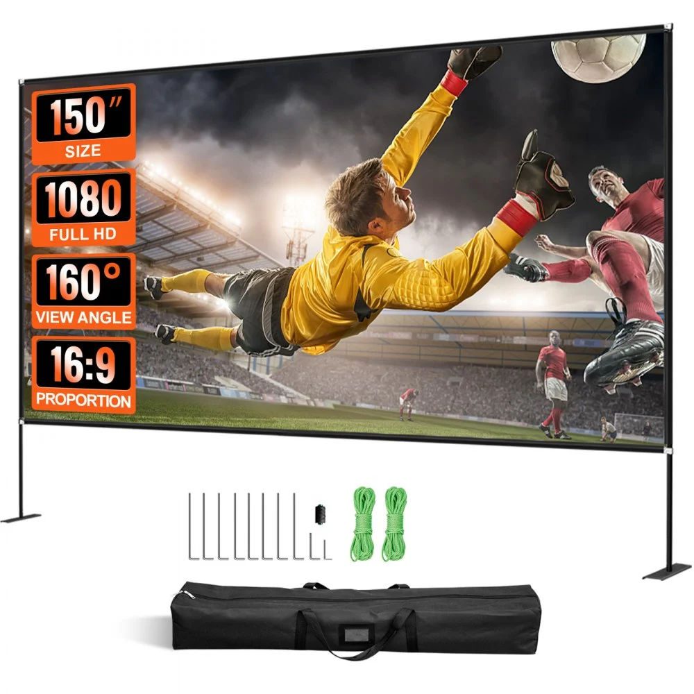VEVOR Projector Screen with Stand 150inch Portable Movie Screen 16:9 4K HD Wide Angle Outdoor Projector Screen Stand Easy Assembly with Storage Bag for Home Theater Office Outdoor Use