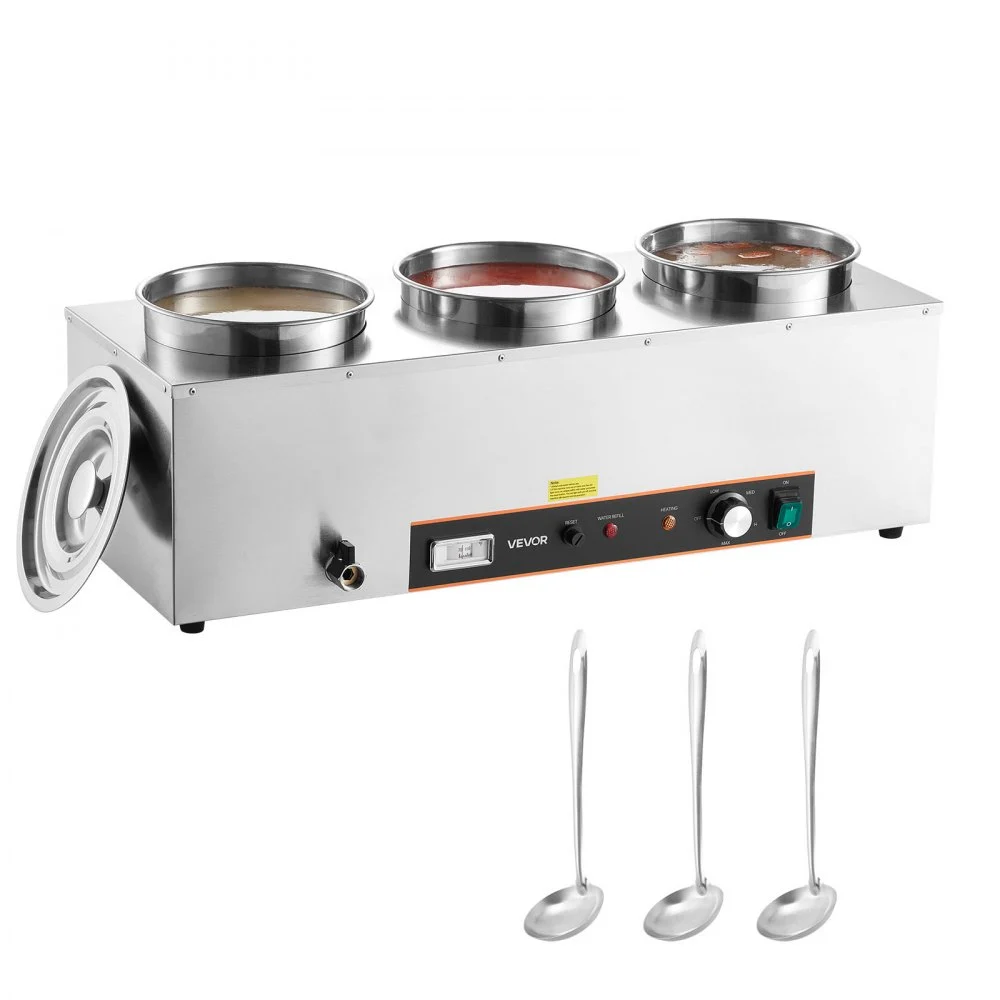 VEVOR Electric Soup Warmer, Three 6.34QT Stainless Steel Round Pot with 86~185°F Adjustable Temp, 1500W Commercial Bain Marie with Anti-dry Burn and Reset Button, Soup Station for Restaurant, Buffet