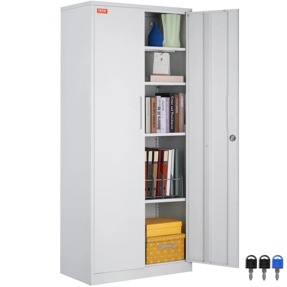 VEVOR Metal Storage Cabinet, Steel Locking Storage Cabinet with 2 Magnetic Doors and 4 Adjustable Shelves, 71'' Metal Cabinet 200 lbs Capacity per Shelf with 3 Keys, for Garage, Office, Home, White