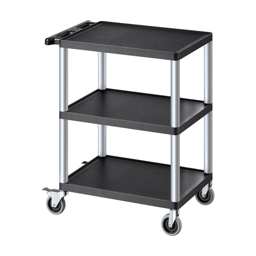 VEVOR Utility Cart, 300 lbs Load Capacity, 27.6 x 18.1-inch Service Cart, Three-Shelf Heavy Duty Plastic Utility Cart with 360° Swivel Wheels (2 with Brakes), Suitable for Warehouse, Garage, Cleaning
