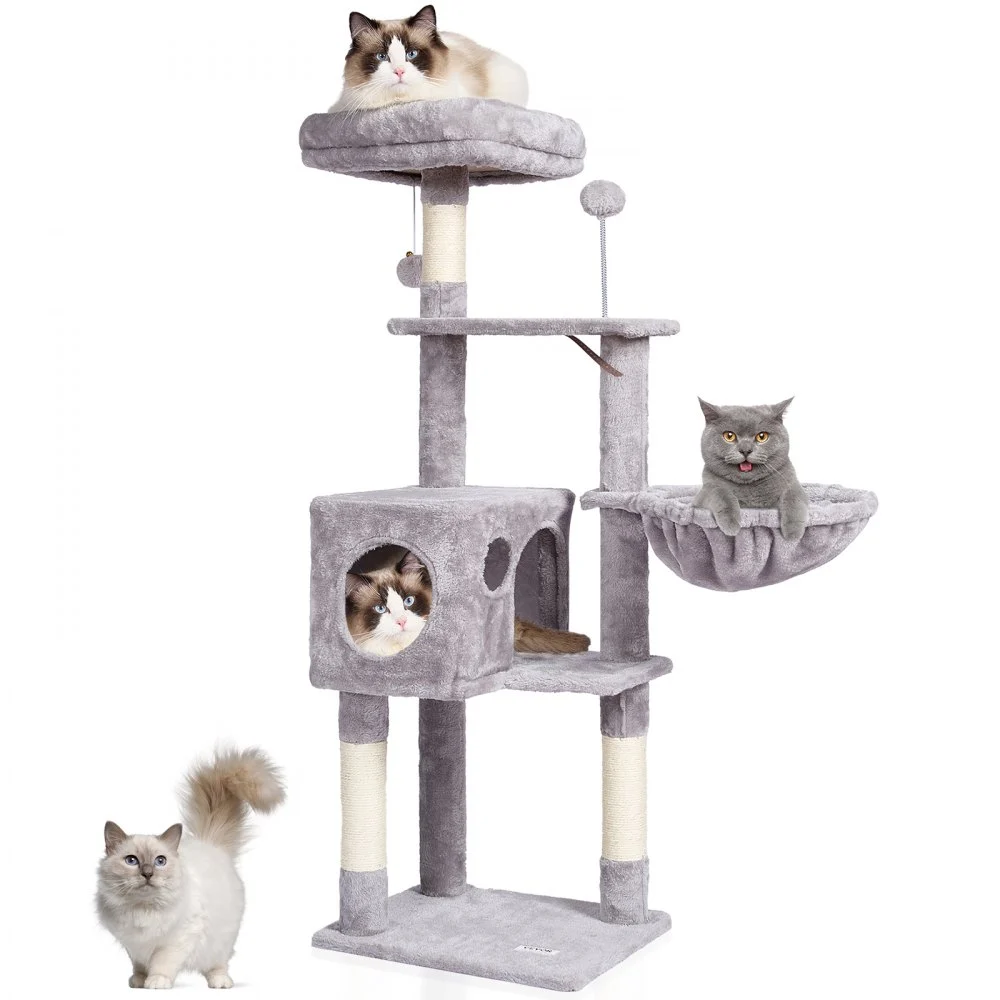 VEVOR Cat Tree for Indoor Cats, 45.2" Cat Tower with Cat Condo, Sisal Scratching Post, Hammock, Top Perch, Jumping Platforms, Large Cat House with Hang Ball, Cat Furniture Activity Center, Light Grey