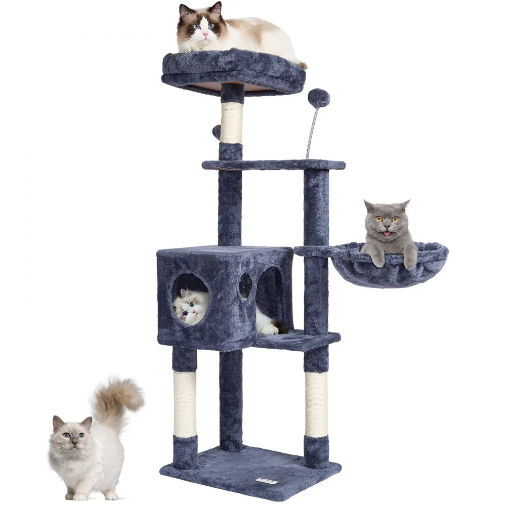 VEVOR Cat Tree for Indoor Cats, 45.2" Cat Tower with Cat Condo, Sisal Scratching Post, Hammock, Top Perch, Jumping Platforms, Large Cat House with Hang Ball, Cat Furniture Activity Center, Dark Grey