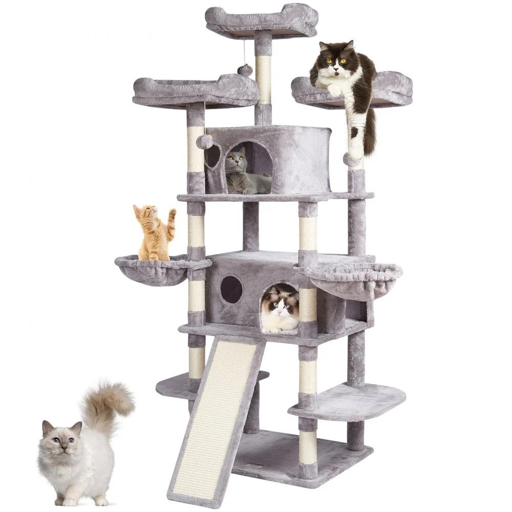 VEVOR Cat Tree for Indoor Cats, 68.5" Cat Tower with 2 Cat Condos, Sisal Scratching Post, Hammocks, Top Perches, Jumping Platforms and Ramp, Cat Furniture Activity Center with Hang Balls, Light Grey
