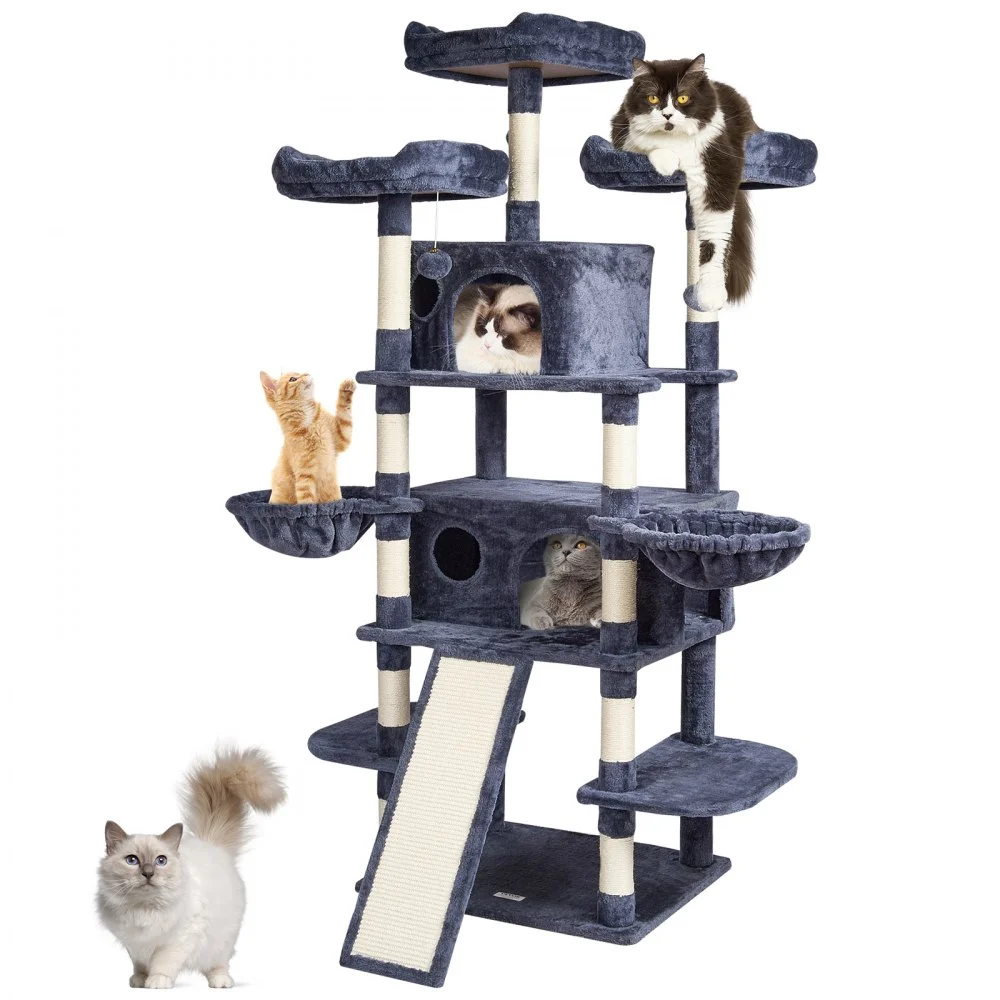 Clearance
VEVOR Cat Tree for Indoor Cats, 68.5" Cat Tower with 2 Cat Condos, Sisal Scratching Post, Hammocks, Top Perches, Jumping Platforms and Ramp, Cat Furniture Activity Center with Hang Balls, Dark Grey