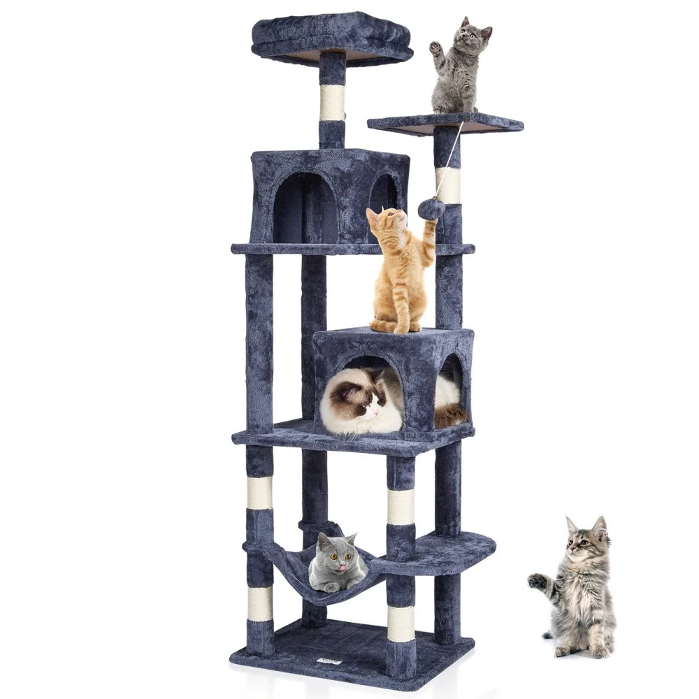VEVOR Cat Tree for Indoor Cats, 63" Cat Tower with 2 Cat Condos, Sisal Scratching Post, Hammock, Top Perch, Jumping Platforms, Large Cat Furniture Activity Center with Hang Ball, Dark Grey