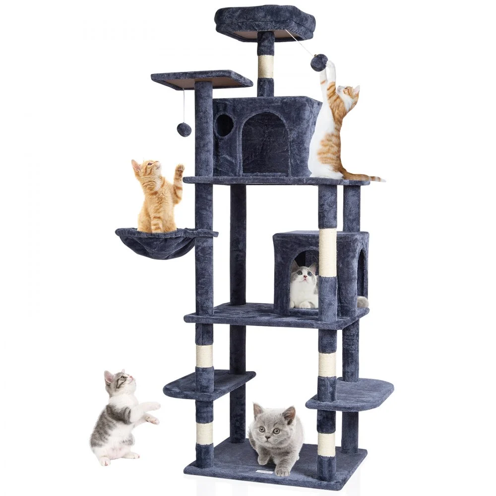 VEVOR Cat Tree for Indoor Cats, 68.5" Cat Tower with 2 Cat Condos, Sisal Scratching Post, Hammock, Top Perch, Jumping Platforms, Large Cat Furniture Activity Center with Hang Ball, Dark Grey
