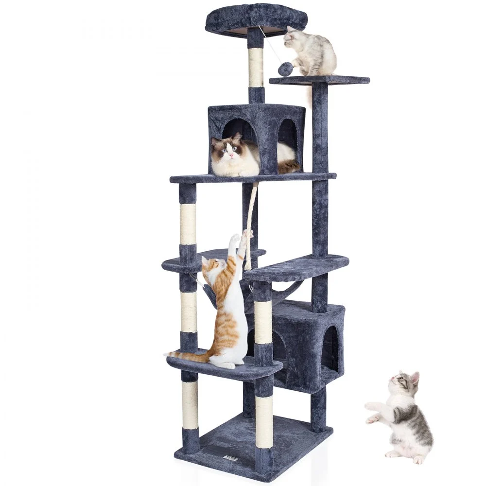 VEVOR Cat Tree for Indoor Cats, 72" Cat Tower with 2 Cat Condos, Sisal Scratching Post, Hammock, Top Perch, Jumping Platforms, Large Cat Furniture Activity Center with Hang Ball, Dark Grey
