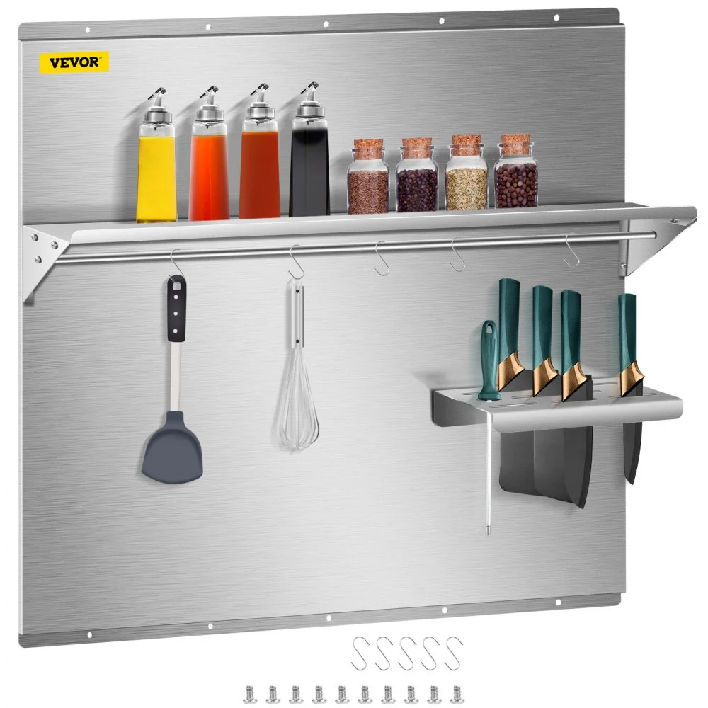 VEVOR Range Backsplash with Shelf 30 x 30.7 Inch Range Hood Wall Shield, Stainless Steel Backsplash Silver Splash Plate for Range Hood Stainless Backsplash with Built-in Storage Shelf and Hanging Rack