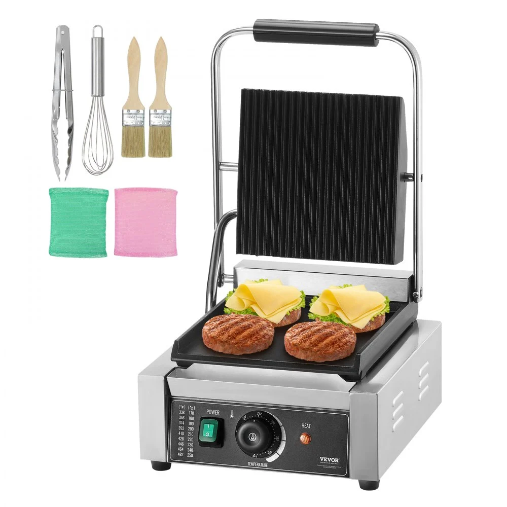 VEVOR Commercial Panini Grill, 1800W Electric Sandwich Panini Maker, Stainless Steel Sandwich Press Grill, Panini Grill with Temp Control & 9"x9" Flat Enamel Plate, for Hamburger Steak Bacon