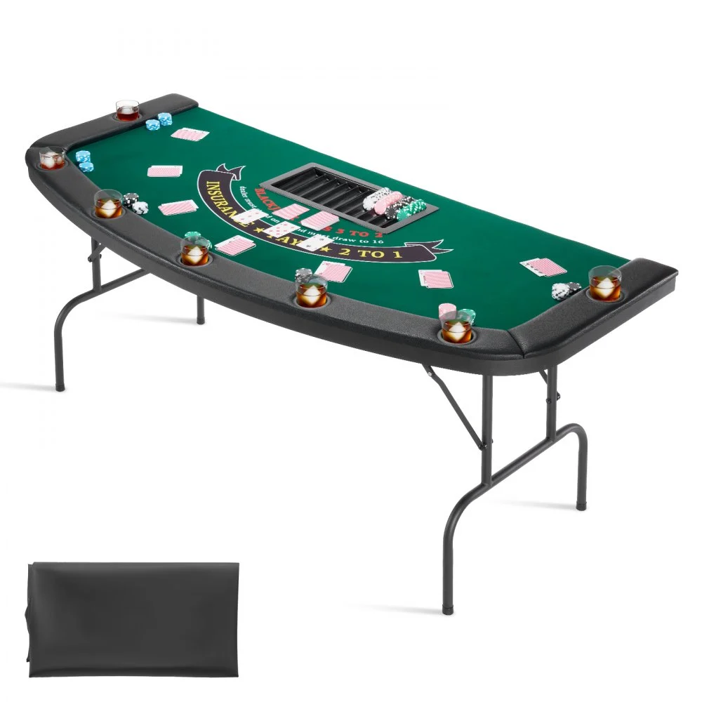 VEVOR Foldable Poker Table, 7 Player 72 in Folding Casino Leisure Table with Padded Rails & Cup Holders, Semi-oval Portable Game Tables with Felt & Metal Legs, for Texas Hold'em Game and Blackjack
