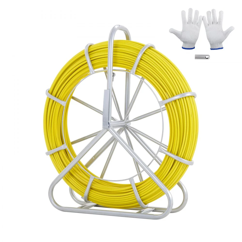 VEVOR Fish Tape Fiberglass, 425 ft, 1/4 inch, Duct Rodder Fishtape Wire Puller, Cable Running Rod with Steel Reel Stand, 3 Pulling Heads, Fishing Tools for Walls and Electrical Conduit, Non-Conductive