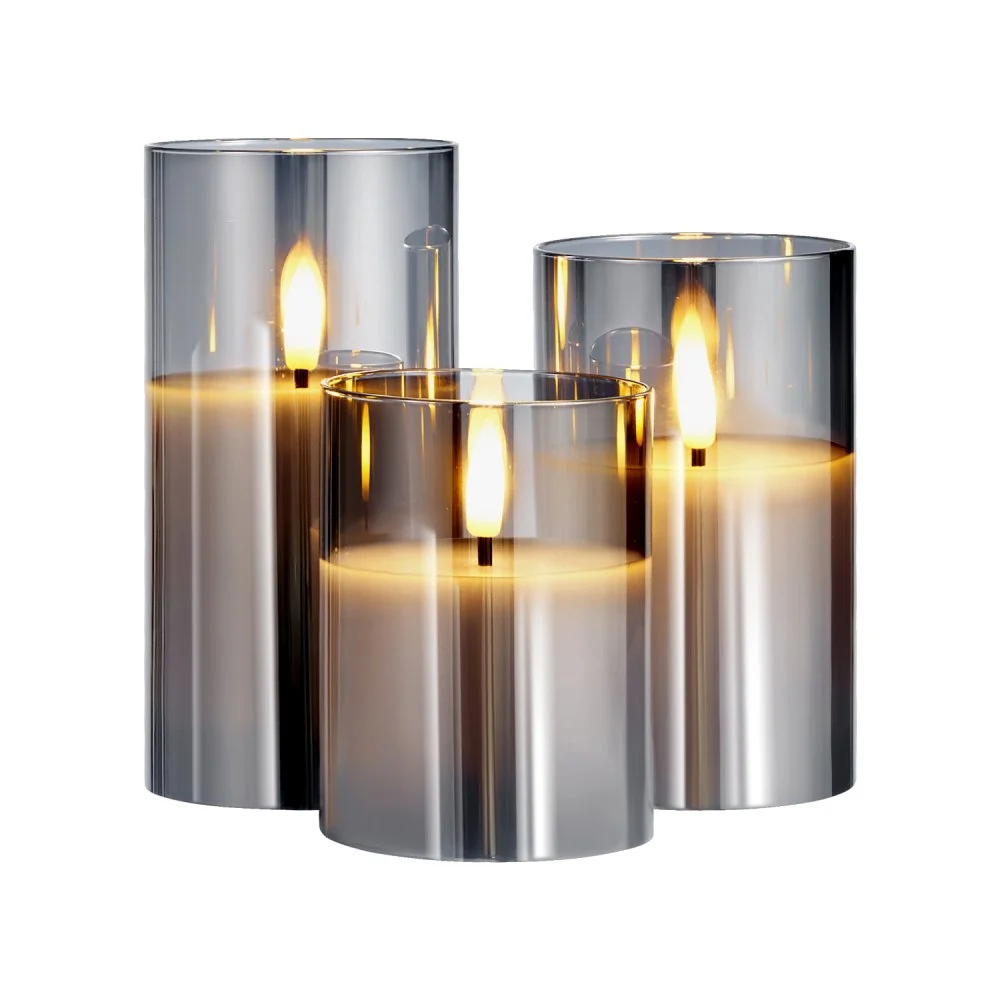 VEVOR Gray Flickering Flameless Candles, Set of 3 Battery Operated Flameless Led Candles with 10-Key Remote and Timer, Real Wax & Warm Color Flickering Light for Festival Wedding Home Party Decor