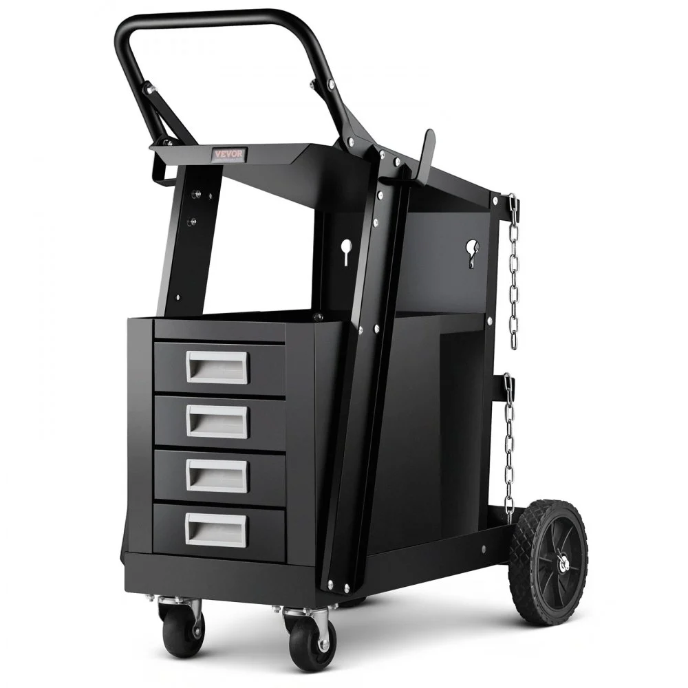 VEVOR Welding Cart, 2-Tier 4 Drawers Welder Cart with 265 LBS Weight Capacity, 360° Swivel Wheels, Tank Storage Safety Chains, Heavy Duty Rolling MIG Welder Cart for Mig Welder and Plasma Cutter