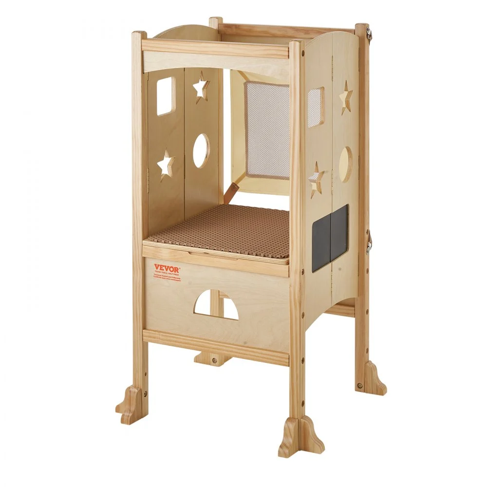 VEVOR Folding Step Stool for Toddlers, Adjustable 3-Height Kids Kitchen Step Stool, Solid Wood Children's Learning Tower with Safety Guard, Versatile for Kitchen, Bedroom, Bathroom