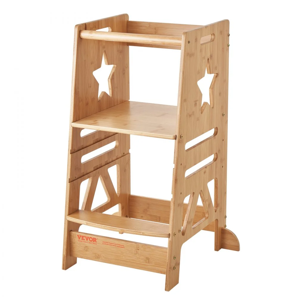 VEVOR Tower Step Stool, 3-Level Height Adjustable Toddler Step Stools for Kids, Bamboo Kids Standing Tower Learning Stool with Safety Rail for Kitchen Counter Bathroom, 350LBS
