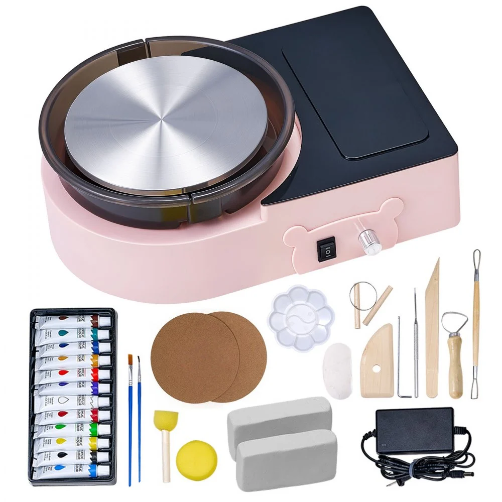 VEVOR Mini Pottery Wheel, 6 inch Turntable, Forward and Reverse Rotation, Adjustable Speed, Electric Clay Wheel for Kids and Adults, with Clay Shaping Tools, for Home DIY, Pottery Classes, Pink