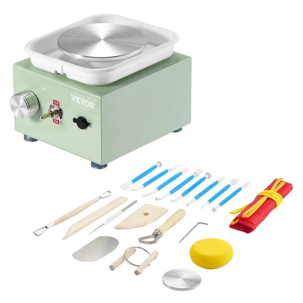 VEVOR Mini Pottery Wheel, 0-320RPM Adjustable Speed Detachable Basin Forming Machine, 2.56in/3.94in 2 Turntables Electric Ceramic Wheel Machine, 18pcs Accessories, for Art Craft Work Home DIY, Green