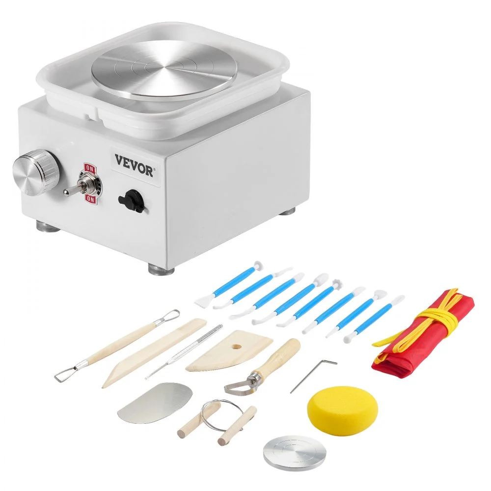 VEVOR Mini Pottery Wheel, 0-320RPM Adjustable Speed Detachable Basin Forming Machine, 2.56in/3.94in 2 Turntables Electric Ceramic Wheel Machine, 18pcs Accessories, for Art Craft Work Home DIY, White