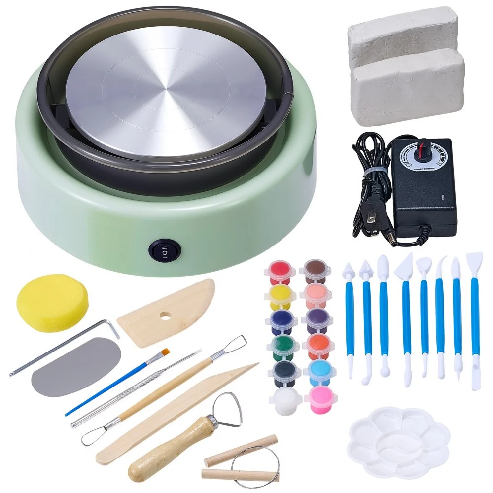 VEVOR Mini Pottery Wheel, 6 inch Turntable, Forward and Reverse Rotation, Adjustable Speed, Electric Clay Wheel for Kids and Beginners, with Shaping Tools, for Home DIY, Pottery Classes, Green