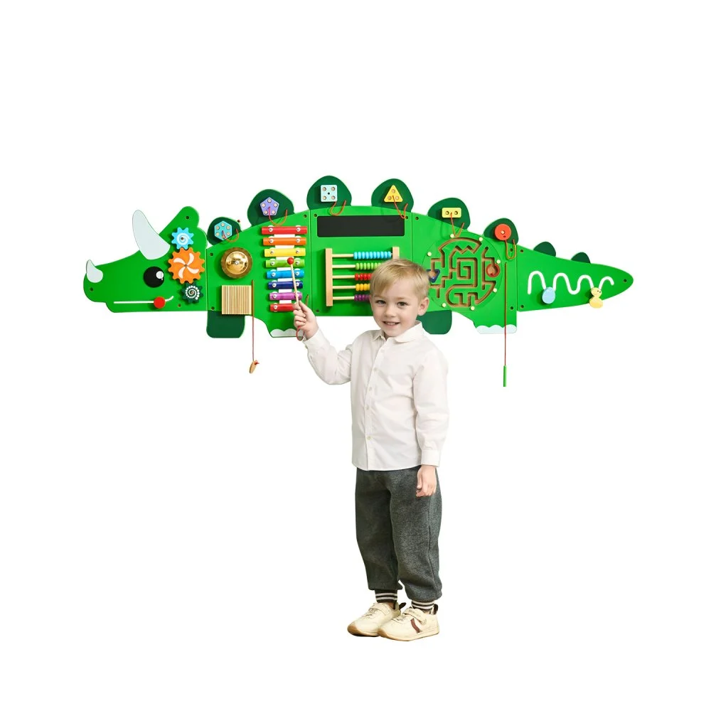 VEVOR Dinosaur Activity Wall Busy Board Panels, 11 Activities, Montessori Sensory Wall Toy for Kids 3-12 Years, Montessori Learning Activity Center, Ideal for Toddler Playroom Nursery Classroom