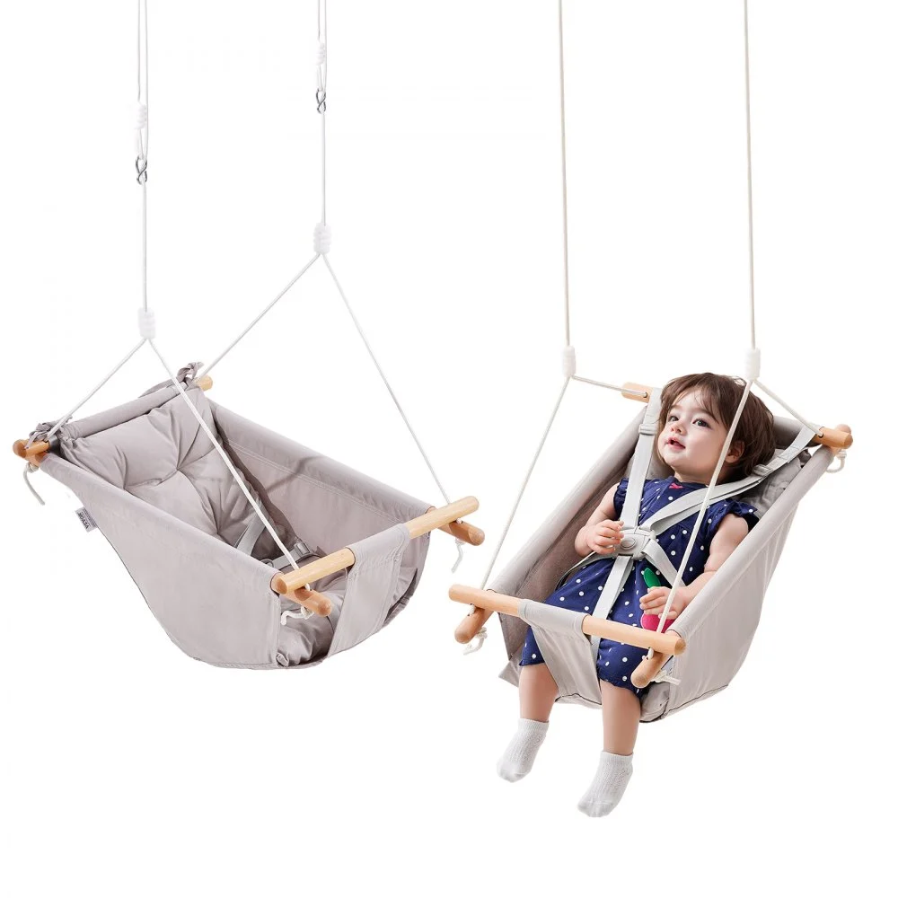 VEVOR Canvas Hammock Swing, 3 Modes Baby Swing Indoor and Outdoor with 5-Point Harness, and Tree Straps, 150lbs Weight Capacity, Integrated Cushion, Wooden Hanging Swing Seat for Baby to Toddler