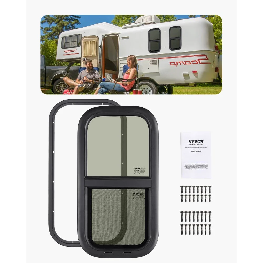 VEVOR Vertical RV Window, 12" W x 24" H Tinted Sliding RV Window with Net Screen & Trim Ring, Fit 15/16" - 1 3/4" Thickness Wall, RV Window Replacement for Teardrop Cargo Trailer Camper, DOT Approved