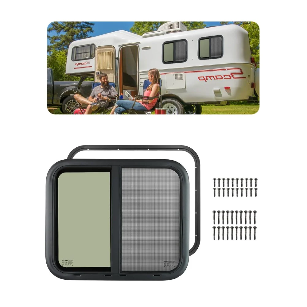 VEVOR Horizontal RV Window, 24" W x 20" H Tinted Sliding RV Window with Net Screen & Trim Ring, Fit 15/16"-1 3/4" Thickness Wall, RV Window Replacement for Teardrop Cargo Trailer Camper, DOT Approved