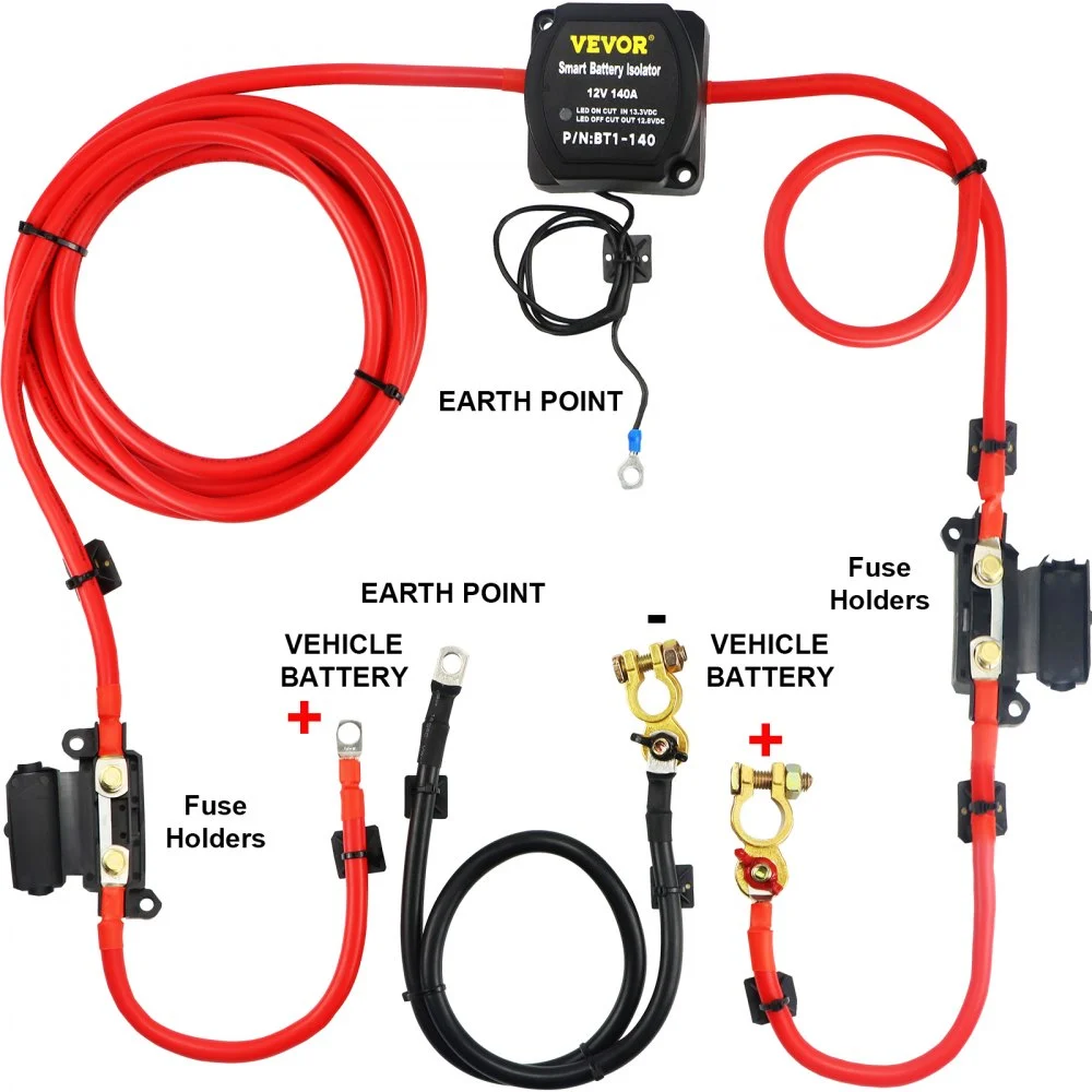 VEVOR Dual Battery Isolation Kit, 6m 12V, Auto Split Charge Relay System with 140AMP VSR, Fits RVs, Marine Crafts, Cars, Trucks, Caravans, Campers, Yachts, ATVs, UTVs, and Boats Workshop