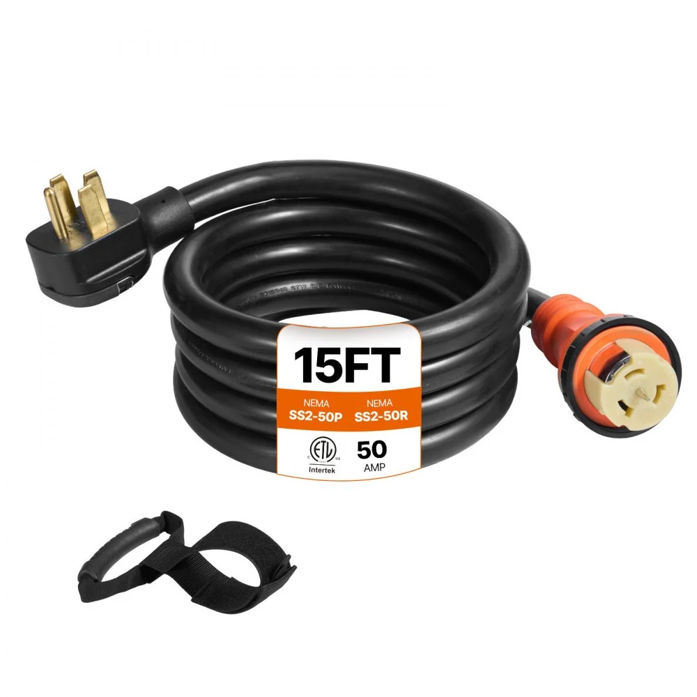 VEVOR Generator Cord, 15 ft Generator Power Cord with Plug in & Out Pin of Inlet Box Side, 50AMP NEMA 14-50P Generator Plug, SS2-50R Extension Cord 12000W, 125/250V Power Tested to UL Standards