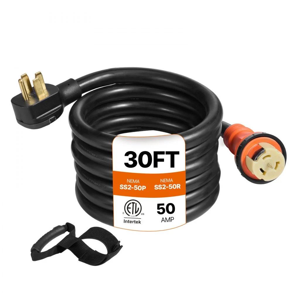 VEVOR Generator Cord, 30 ft Generator Power Cord with Plug in & Out Pin of Inlet Box Side, 50AMP NEMA 14-50P Generator Plug, SS2-50R Extension Cord 12000W, 125/250V Power Tested to UL Standards