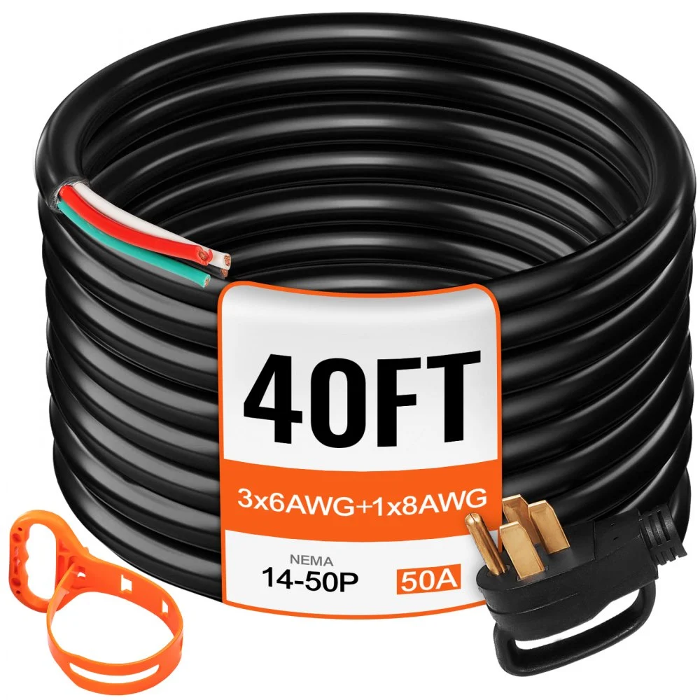 VEVOR 40' 50A RV Camp Power Cord Generator Cord 6/3 + 8/1 AWG NEMA 14-50P to Bare Wire