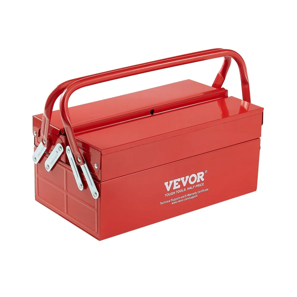 VEVOR Metal Tool Box, 14-inch, 2-Tier 3-Tray Portable Folding Tool Chest Organizer with Handle & Lock Hole, Powder Coated Steel, Cantilever Toolbox for Household Factory Warehouse Repair Shop, Red