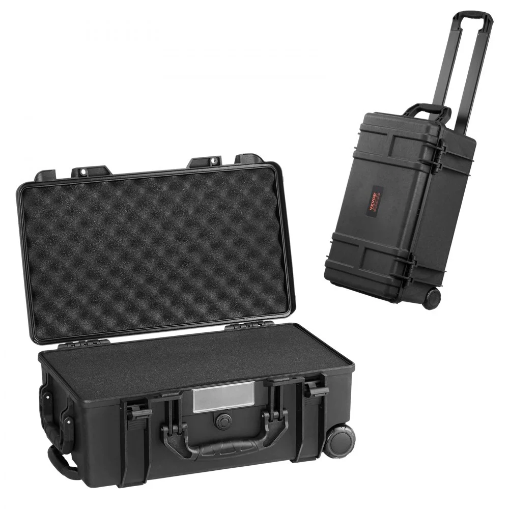 VEVOR Weatherproof Hard Case, Heavy Duty Protective Dry Box Case with Pre-cut Foam, Wheels & Retractable Pull Handles for Travel, Hunt, Military, Tactical, IP67 Waterproof Case for Cameras (64x51x25)