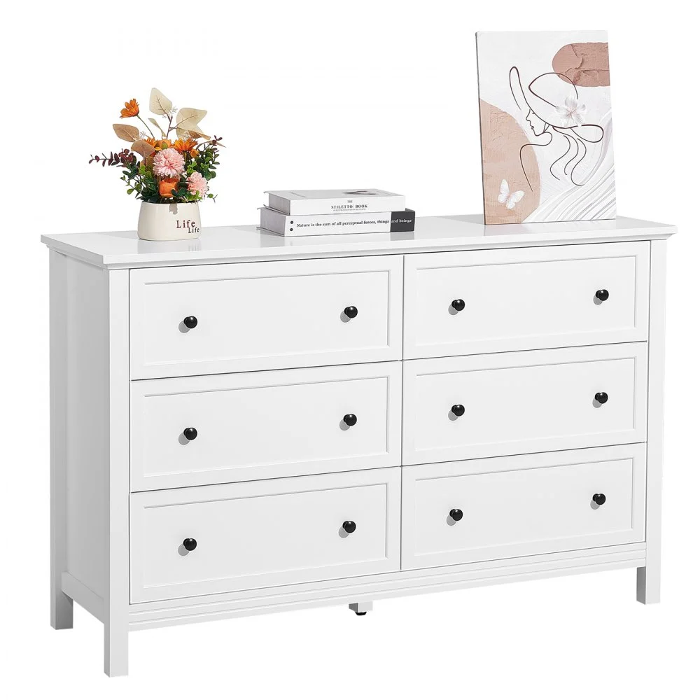 VEVOR 6 Drawer Dresser, Wooden Chest of Drawers with Sliding and Anti-tip Device, Retro Minimalist Dresser Chest, Closet Storage TV Stand Organizer for Living Room, Hallway, Bedroom, Entryway, White