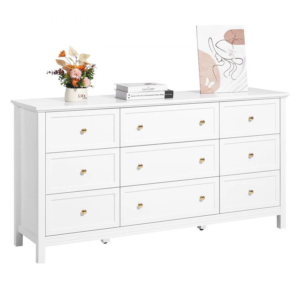 VEVOR 9 Drawer Dresser, Wooden Chest of Drawers with Sliding and Anti-tip Device, Retro Minimalist Dresser Chest, Closet Storage TV Stand Organizer for Living Room, Hallway, Bedroom, Entryway, White