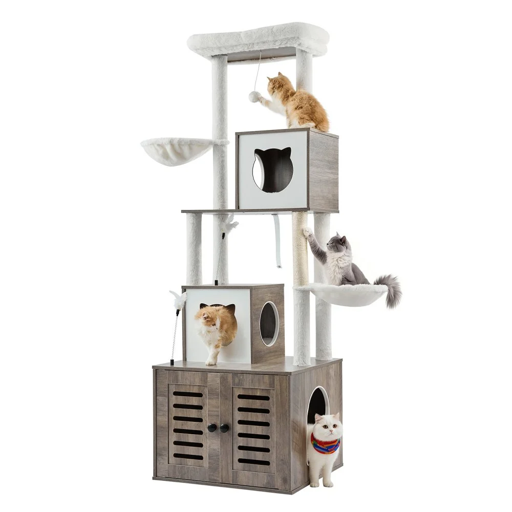 VEVOR Large Cat Tree with Litter Box Enclosure, 72.83 inches Tall, 2-in-1 Cat Tower, Multi-level Cat Condo Furniture with Sisal Scratching Posts, Perches, Hammock, Big Kittens House for Indoor Cats