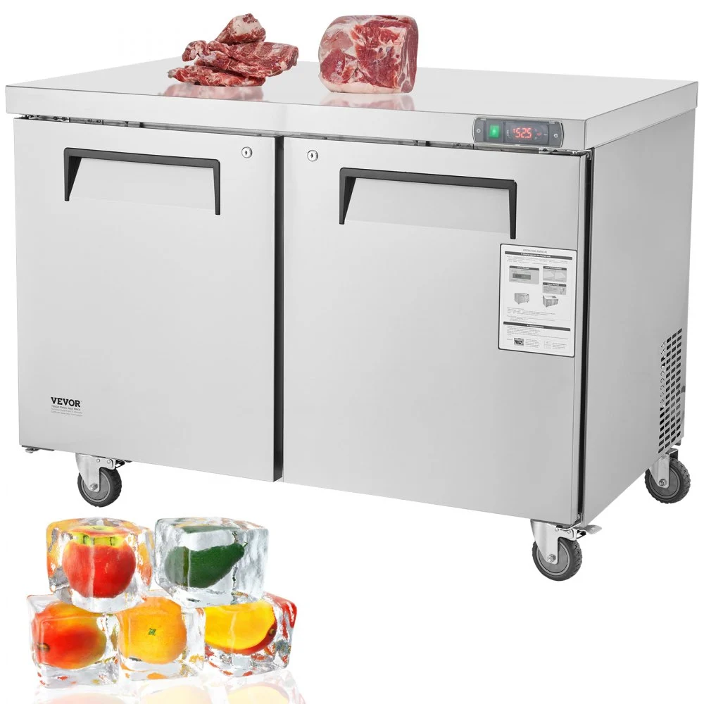 VEVOR 48" Commercial Frozen Refrigerator Sandwich & Salad Prep Table, 12.9 Cu. Ft Stainless Steel Refrigerated Food Prep Station with 2 Doors, Frost Free Refrigerator with Lock for Restaurant, Bar