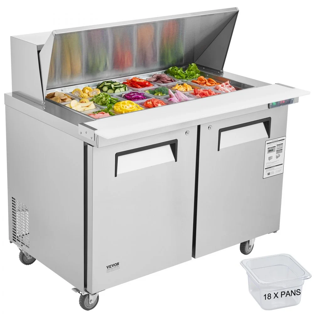 VEVOR 48" Commercial Refrigerator Sandwich & Salad Prep Table, 12.9 Cu. Ft Stainless Steel Refrigerated Food Prep Station with 18 Pans, Cut Board, Frost Free Refrigerator with Lock for Restaurant