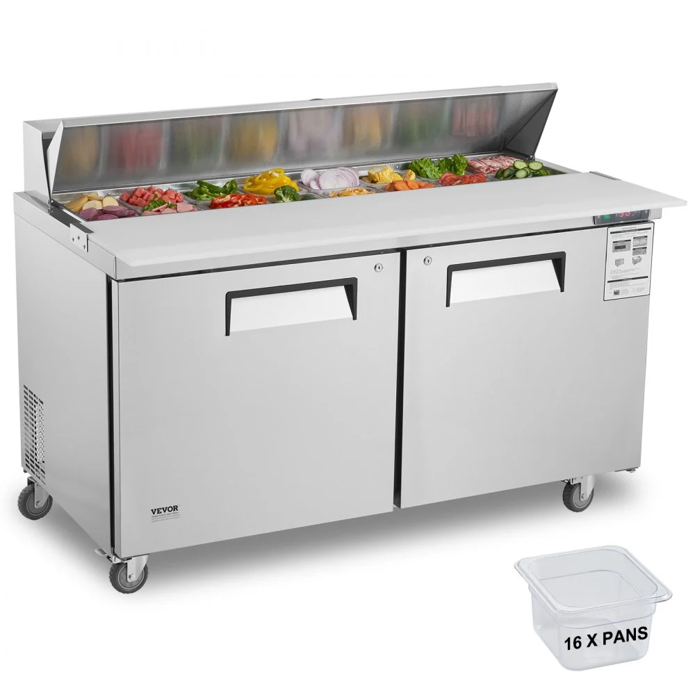 VEVOR 60" Commercial Refrigerator Sandwich & Salad Prep Table, 16.4 Cu. Ft Stainless Steel Refrigerated Food Prep Station with 16 Pans, Cut Board, Frost Free Refrigerator with Lock for Restaurant