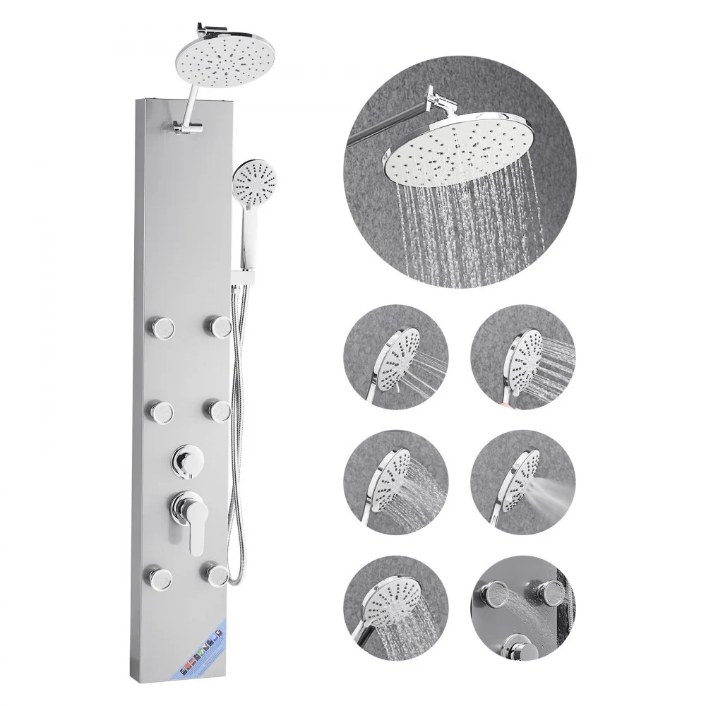 VEVOR Shower Panel Tower System with Rainfall Shower Head, 49 in Brushed Stainless Steel Shower Column, 3-Function Faucet, High Pressure Wall-Mount Rain Massage System with 6 Body Jets and Handheld
