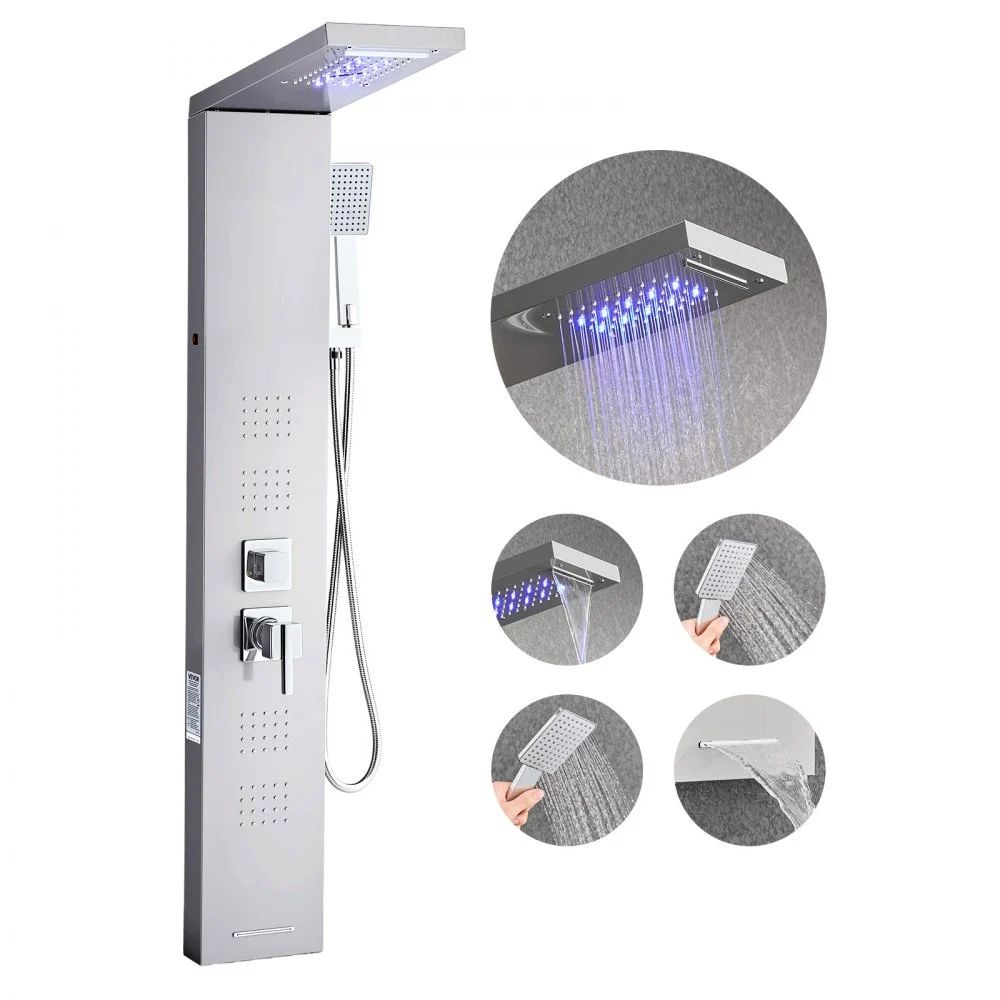 VEVOR Shower Panel Tower System with Rainfall Waterfall Shower Head, LED, 53 in Brushed Stainless Steel Shower Column, 5-Function Faucet, Wall-Mount Rain Massage System, with Handheld and Tub Spout