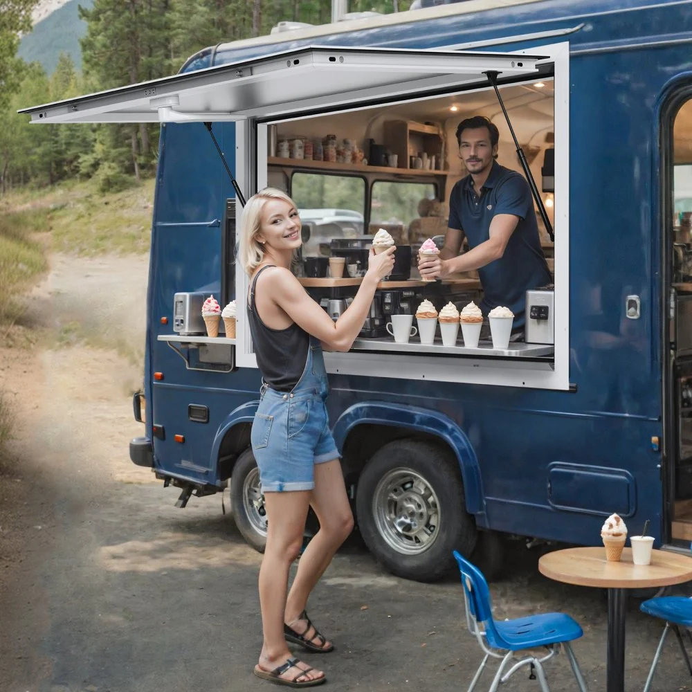 VEVOR Serving Hatch 60"x36", Aluminum Food Service Window with Awning & Hook, Opens to 85 Degrees, Ideal for Food Trucks & Concession Trailers, Glass Excluded