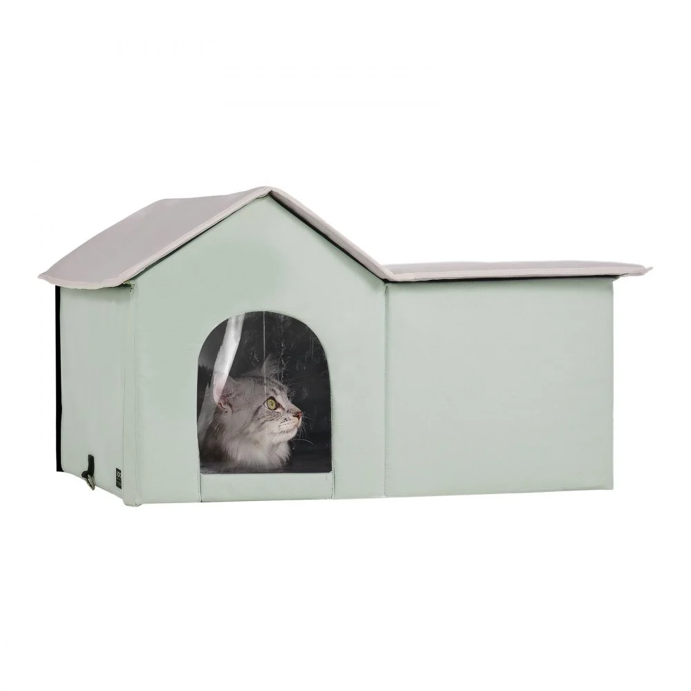 VEVOR Heated Cat House, Outdoor Kitty Shelter with Adjustable Temperature and Timer, 600D Oxford Cloth Foldable Cat Shelter with Heated Pad for Winter to Stay Warm and Cozy, Green (Large)