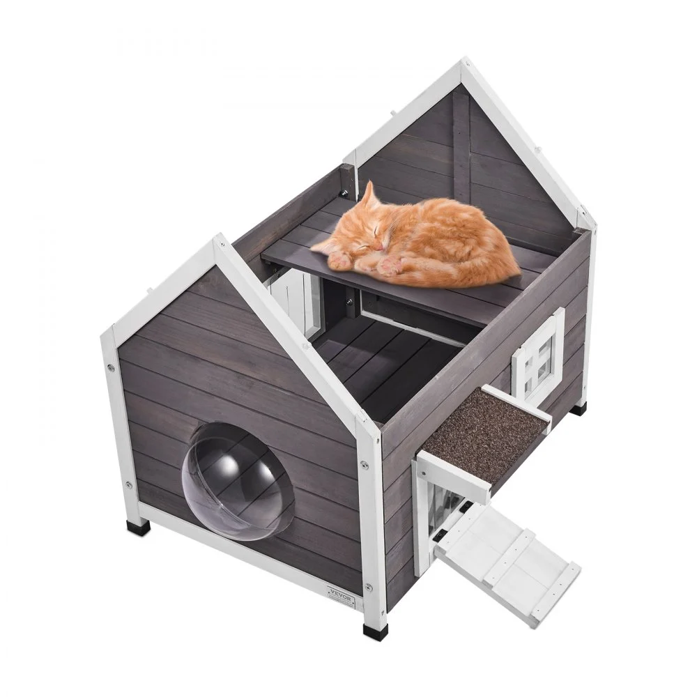 VEVOR Outdoor Cat House Weatherproof, Feral Cat Shelter for Multiple Cats, Outdoor Wooden Cat House with Large Side Door, PVC Door Flaps, Open Roof, Clear Window, 22"L x 30"W x 26"H