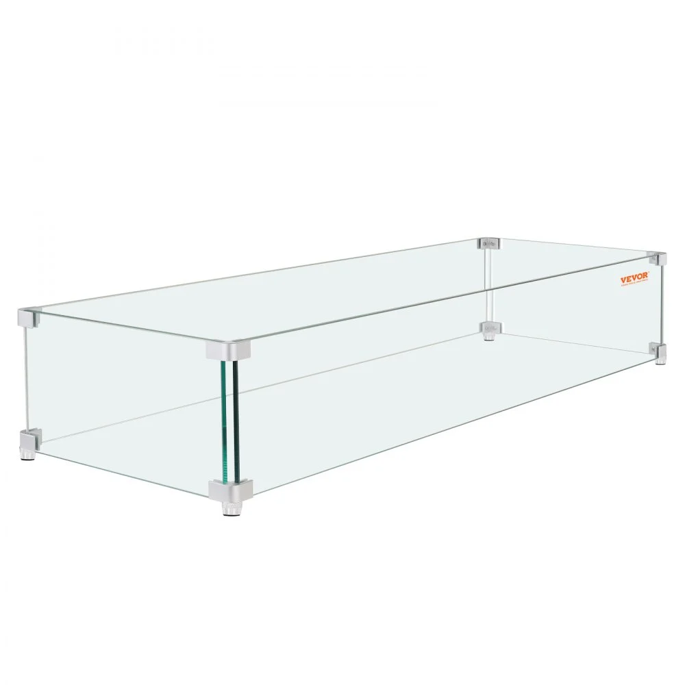 VEVOR Fire Pit Wind Guard, 38 x 10.5 x 6 Inch Glass Wind Guard, Rectangular Glass Shield, 0.3" Thick Fire Table, Clear Tempered Glass Flame Guard, Steady Feet Tree Pit Guard for Propane, Gas, Outdoor